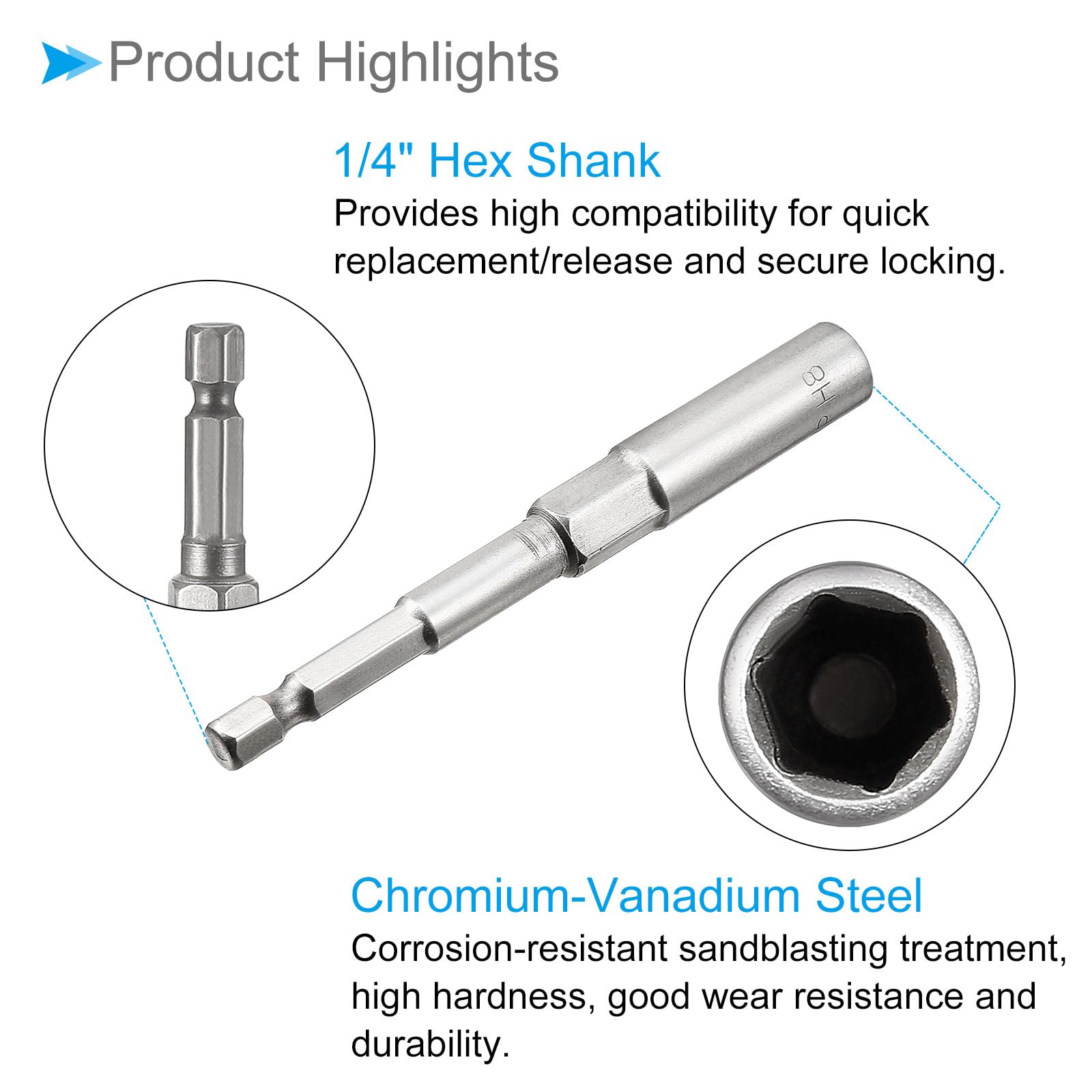 CoCud Quick-Change Nut Setter Driver Bit, 8mm Metric 100mm Length 1/4" Shank - Image 4