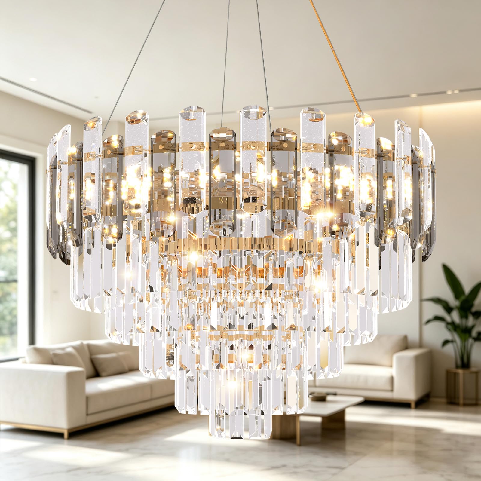AOOCHOK Luxury Grey Crystal Modern Chandelier, Round Crystal Pendant Light for Dining Room, Living Room, Bedroom, Φ60cm