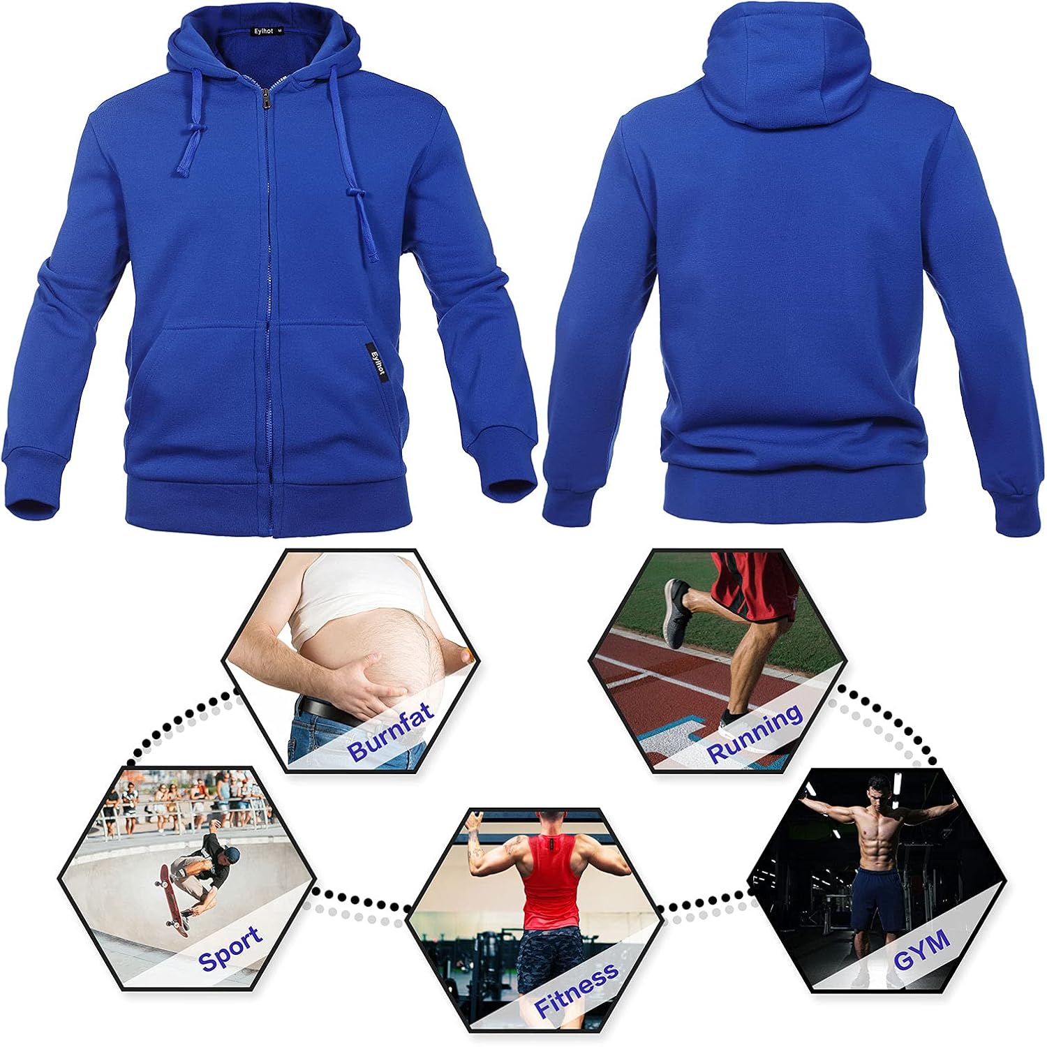 Eylhot Mens Zip Up Hoodies Heavyweight Sports Track Jackets SweatShirts for Gym Sapphire Blue(full Zip ) 3X-Large