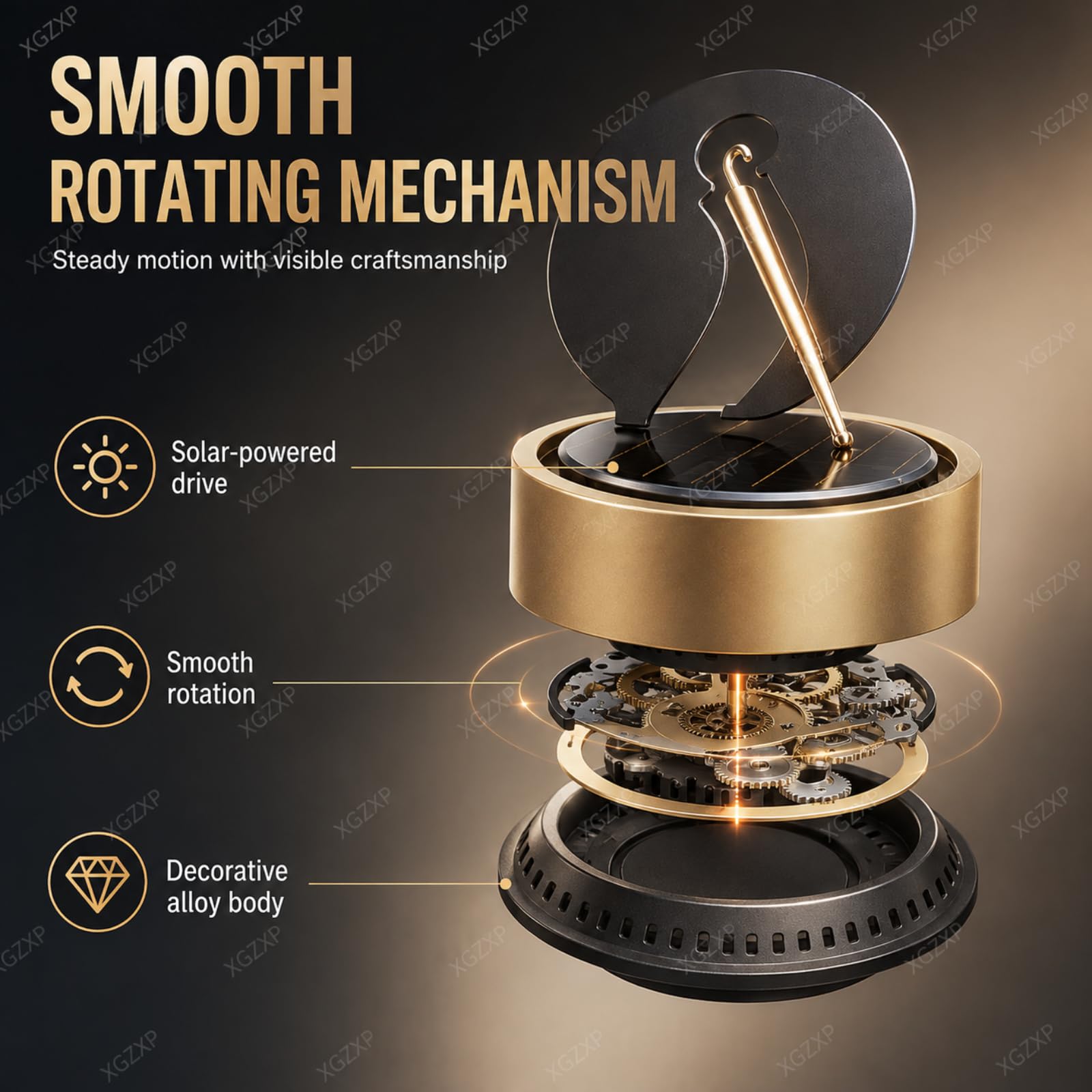 Deodorante per Auto, Diffusore Solare Rotante per Auto, 11 Cm × 11 Cm × 12 Cm, Accessorio Deodorante per Auto in Lega Senza Batterie, Rotazione Automatica, per Ufficio E Casa Black