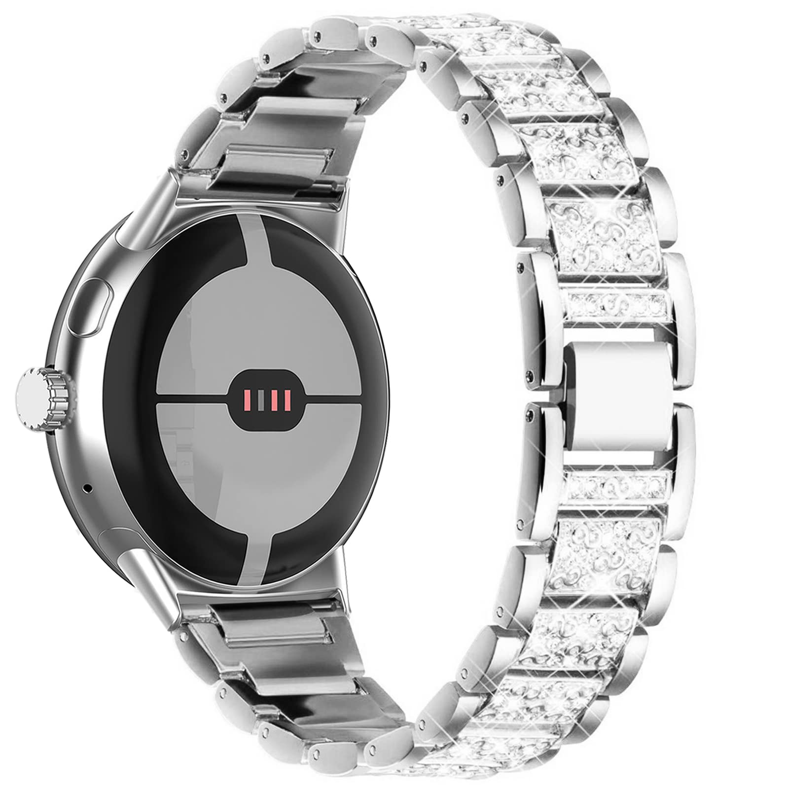 Miimall Kompatibel mit Google Pixel Watch 2/1 Armband, Glitzer Strass Diamant Metall Legierung Uhrenarmband Damen Ersatz Armbänder für Google Pixel Watch 2 2023/ Google Pixel Watch 2022 -Silber