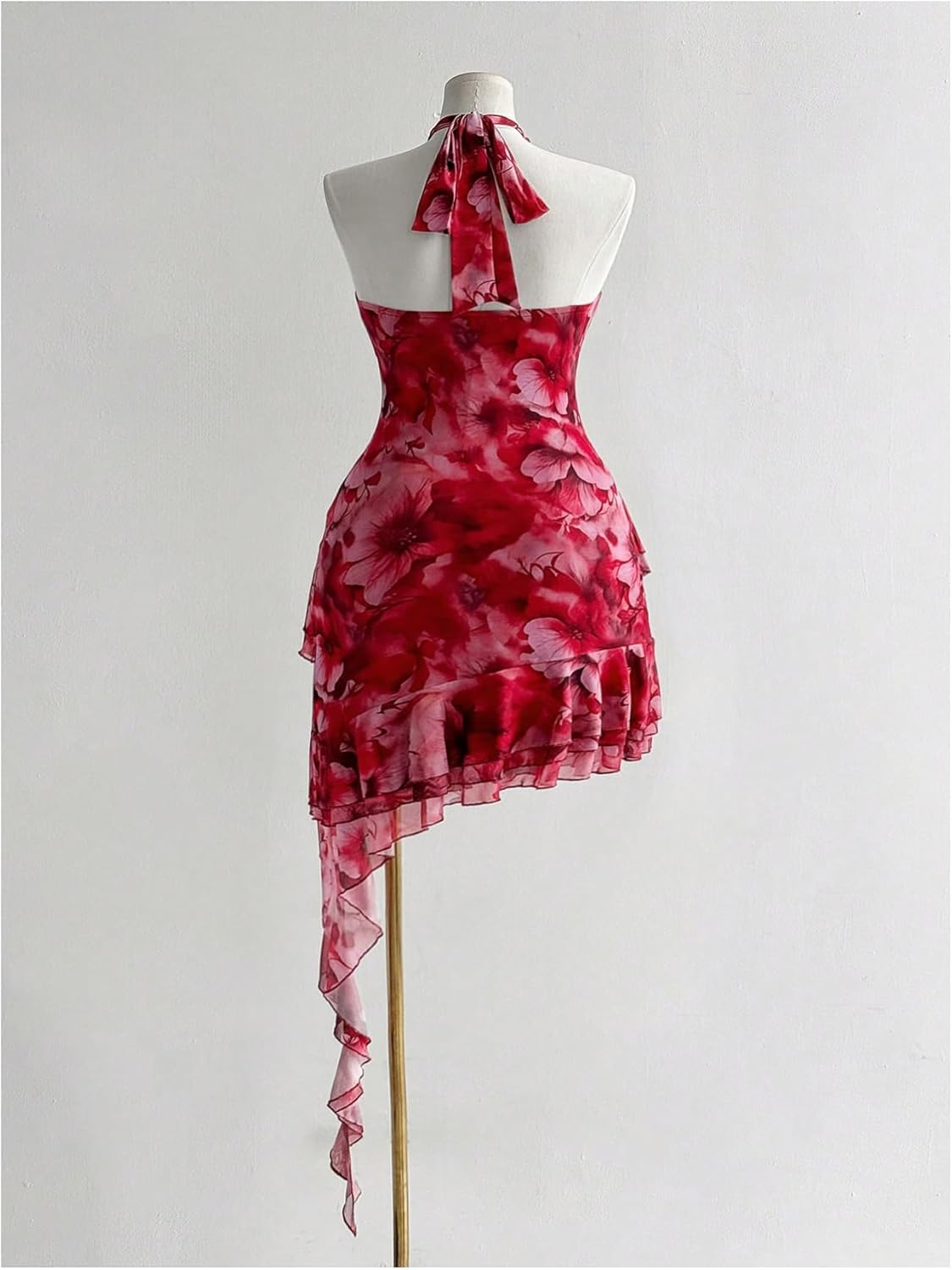 Women's Plus Size Floral Halter Mini Dress Y2k Mesh Ruched Ruffle Layered Asymmetrical Dresses - Image 3