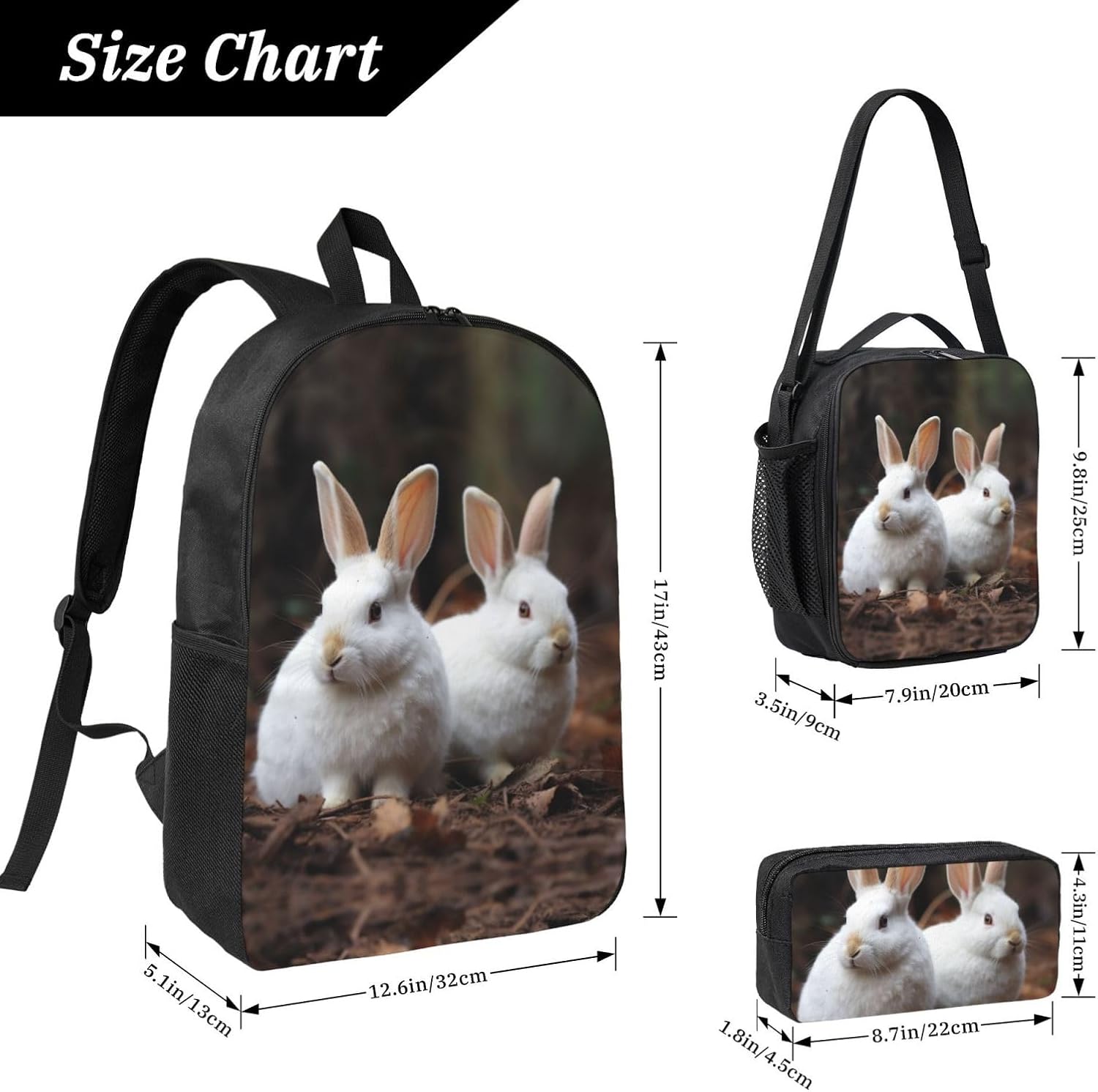 Cute Rabbits Backpack Set 3 PCS - 17 Inch Laptop Backpack with Lunch Bag, Waterproof Daypack Insulated Lunch Box Large Capacity Coin Pouch Personalized Gift image 4
