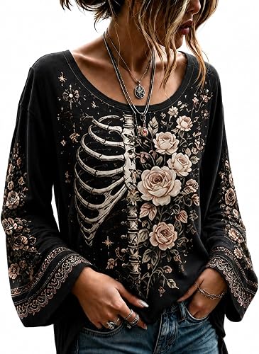 Skeleton Halloween Shirt Women Crew Neck Long Bell Sleeve Skull Tshirts