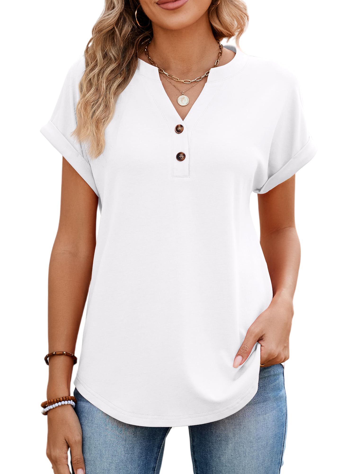 StylSense Tshirt Damen Sommer Baumwolle V Ausschnitt Bluse Kurzarm Tunika T Shirt Damen Elegant Oversize Oberteile Basic Tops mit Knöpfen