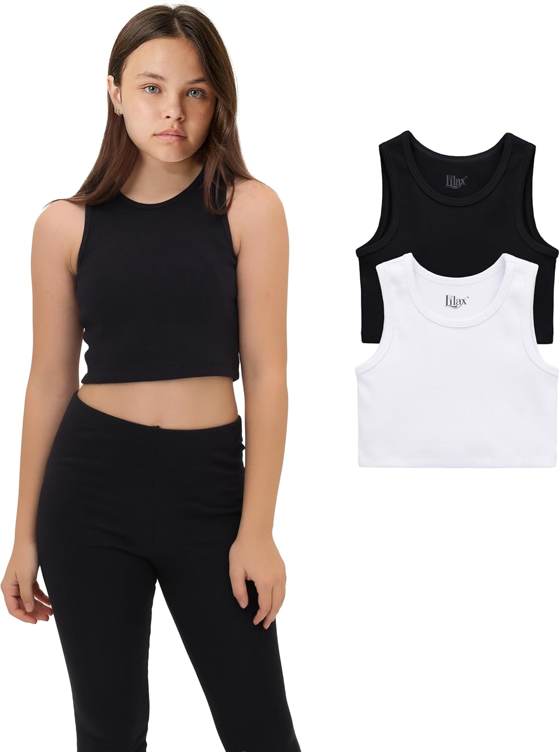Lilax Girls Crop Top Ribbed Knit Sleeveless 2 Pack Basic Cropped Tank