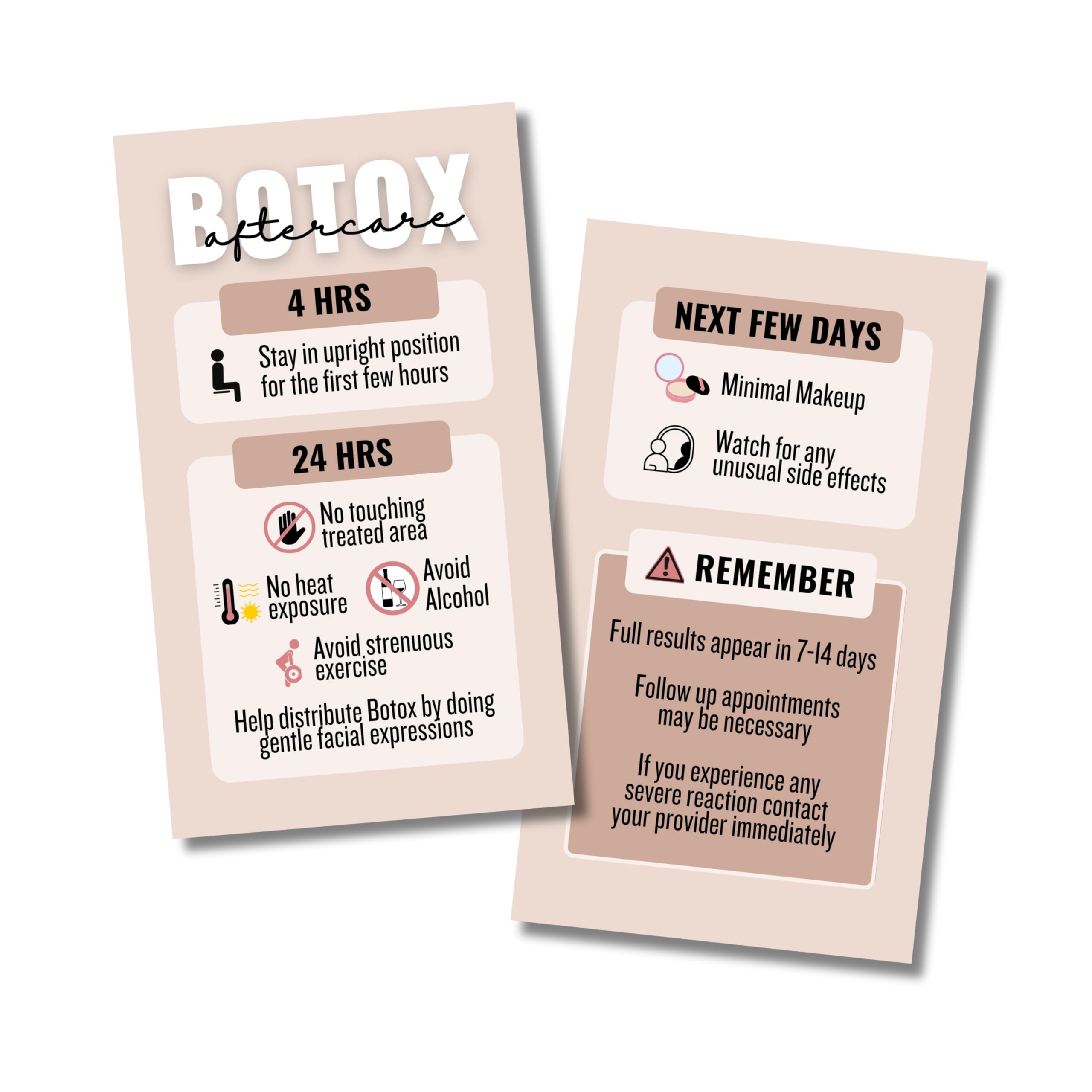 Modern Professional Botox Aftercare instuction cards for medspas and nurse injectors - 55 Cards - Business Card size - Full color high gloss front and back - Post botox care tips… (Tan)