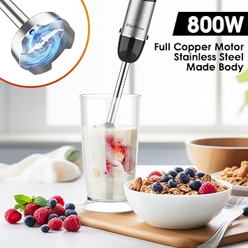 Blackcow Immersion Blender Handheld, Corded Hand Blenders Set 800W, 12 Speed Stick Blender 5 in 1 Stick Emulsifier with Chopper, Whisk and Frother for Soup, Baby Food and Smoothies, Black