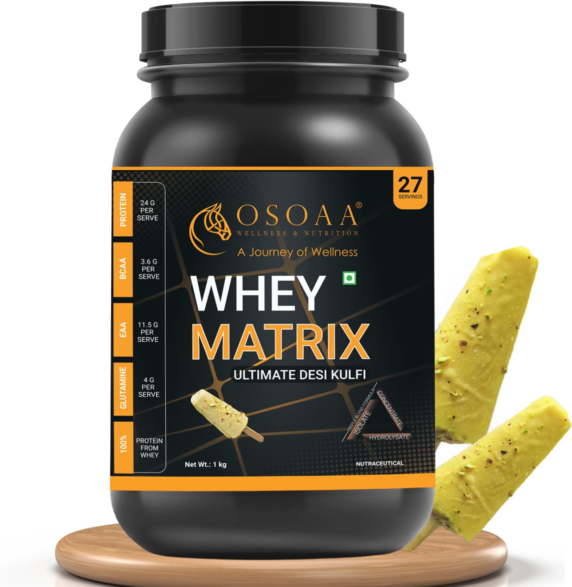 OSOAA Whey Matrix Ultimate Desi Kulfi 1kg- Men Women, 24g Protein, 11.4g EAA, 3.8g BCAA, 4.0g Glutamine, 27 Servings