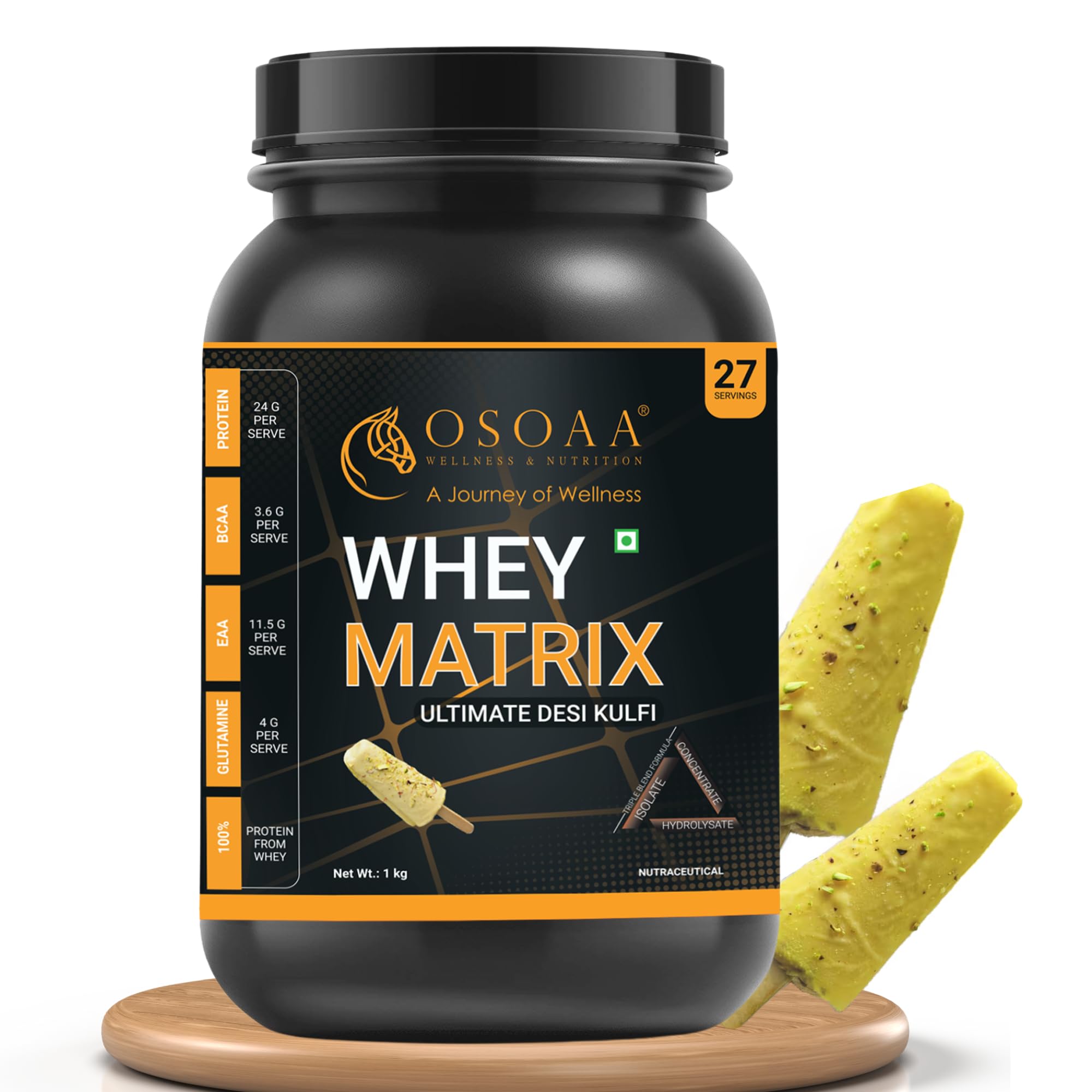 OSOAA Matrix Whey Protein Powder 1kg (Isolate + Concentrate + Hydrolyzed) | 24g Protein, Lab Tested 100% Authentic Supplement Powder & No Adulteration - Desi Kulfi Flavour