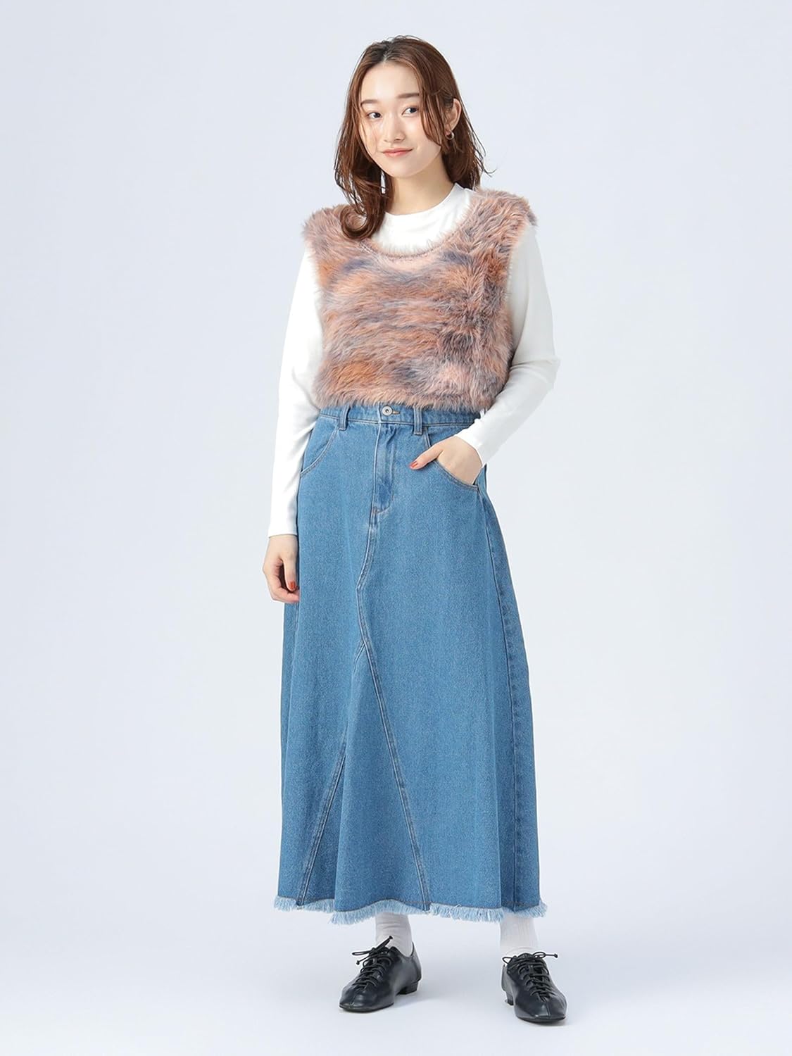 [ビームスハート] L/Sニット ミックスシャギーベスト &times; カットソー(セットアイテム) レディース PINK&times;OFF ONE S