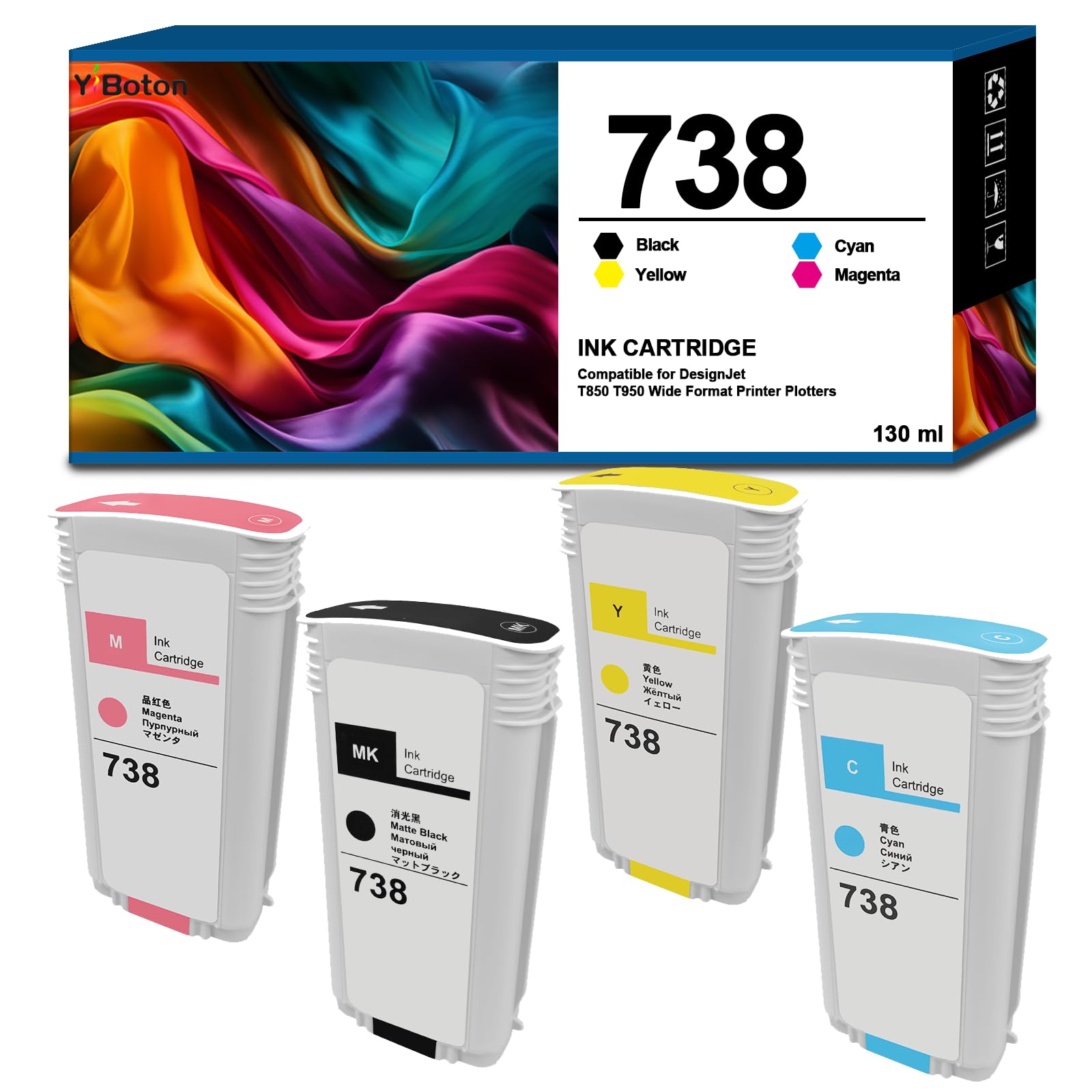 High Yield 738 Ink Cartridge 4-Pack 130-ml Black Cyan Yellow Magenta | Compatible with HP DesignJet T850 T950 Plotter Printer,498N4A 498N5A 498N6A 498N7A