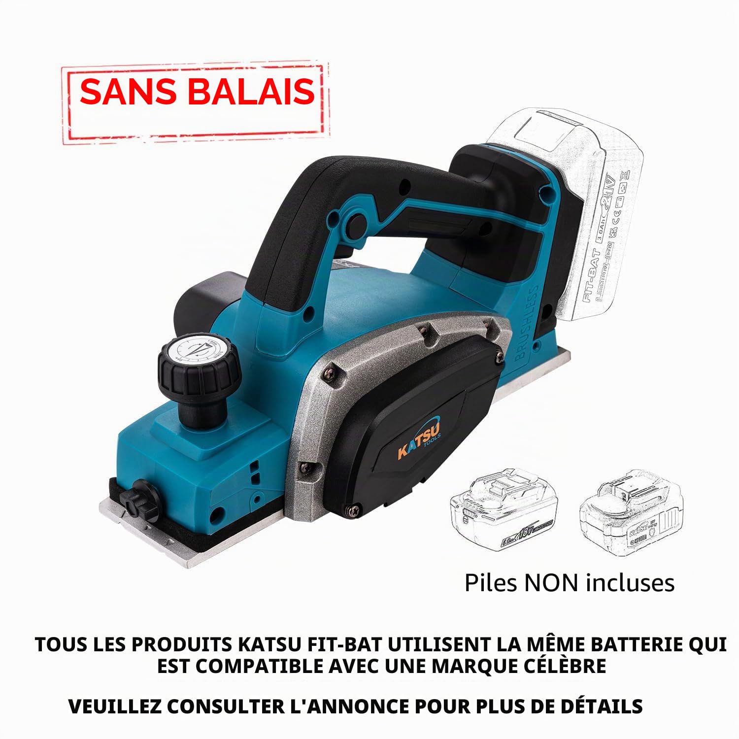KATSU FIT-BAT Rabot Sans Fil 21V Brushless 82mm, Profondeur 2mm, Semelle Alu avec 3 Rainures en V, Lames Suppl., Sans Batterie ni Chargeur