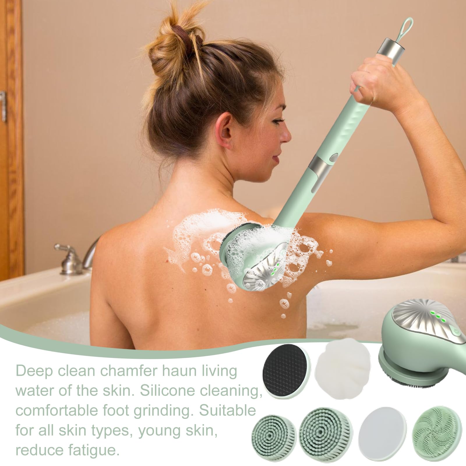 Spazzola elettrica per il corpo, spazzola per la schiena, con 6 cuciture, spazzola per la doccia con manico lungo, IP67, impermeabile, a 3 velocità, spazzola per la pulizia della spa, doccia, peeling
