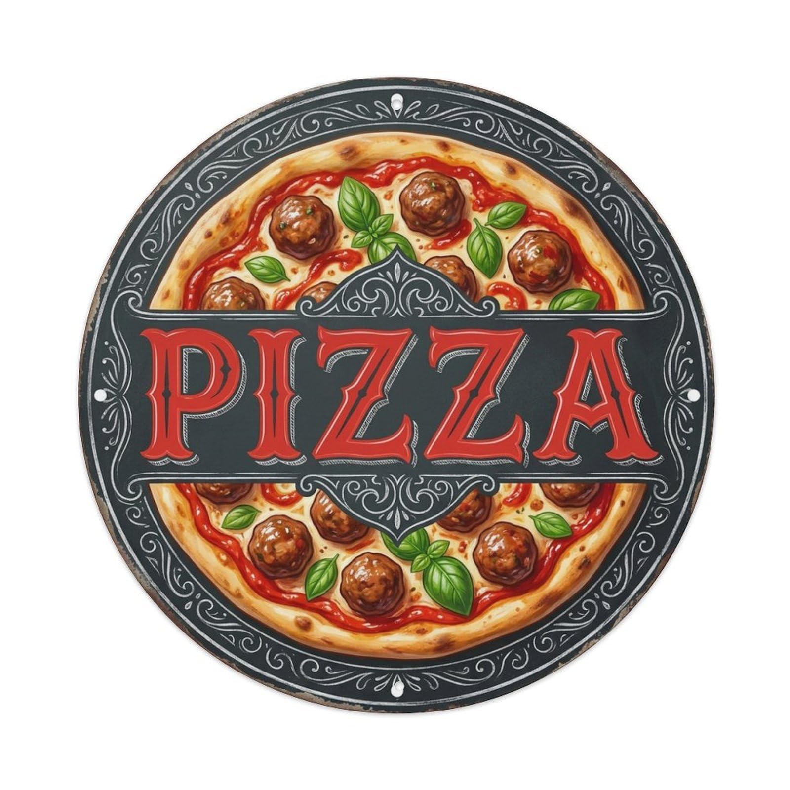 Sauce Basil Meatball Pizza Food Illustration Metal Tin Sign