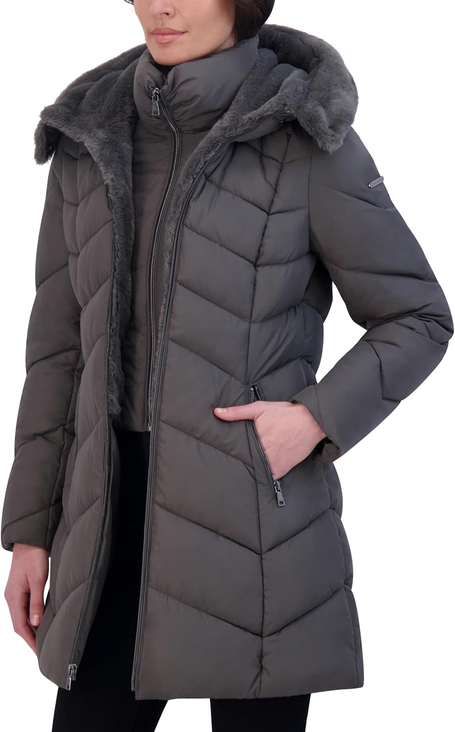 Laundry by Shelli Segal womens Puffer Coat With Bib Insert– Quilted Winter Jacket Faux Fur Hood Shirred Collar - Image 3