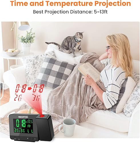 Miniatura 5 de SMARTRO - Reloj despertador digital de proyección con estación meteorológica, termómetro para interiores y exteriores, cargador USB, despertador