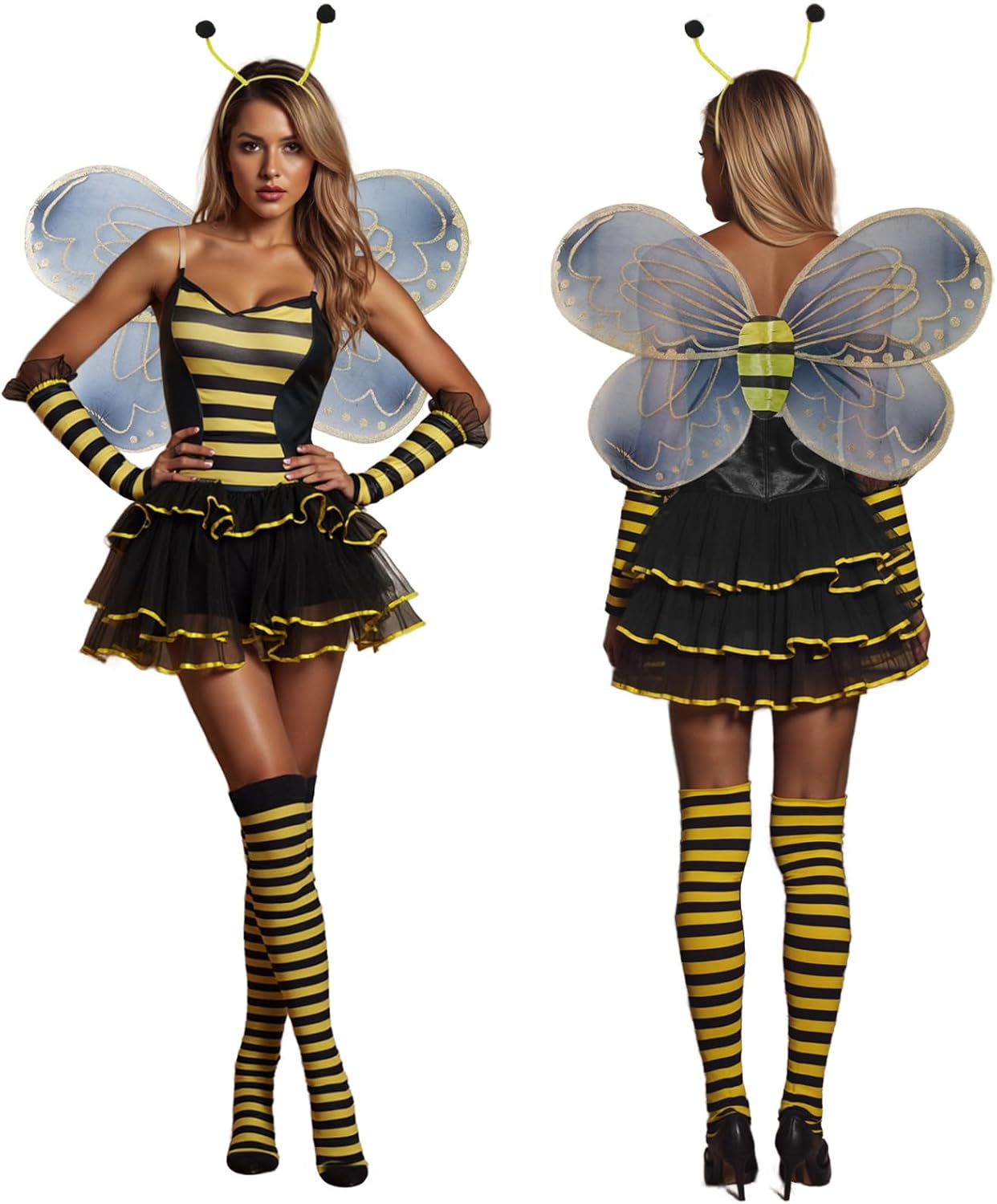 Women Halloween Bee Costume Set Sleeveless Cami Bodysuit with Cute Headband and Mesh Wing - Image 5
