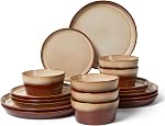 Pokini Stoneware Dinnerware Set for 4, 12PCS Plates and Bowls Set, Microwave & Dishwasher Safe Dinner Set, Modern Handmade Durable Dish Sets, Green Wheat