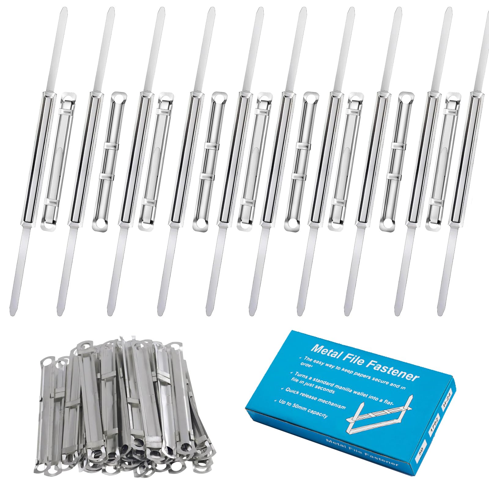 Bamyli 50PCS Metal File Fastener, 80mm Metal Filing Paper Fastener Clips, File Strip Fasteners, Binders File Clips, Filing Clip for Office School Folder Binders Standard 2-Hole Punch (Metallic Color)