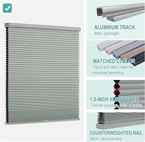 Miniatura 3 de Changshade JZCEL30GY72J - Persianas celulares opacas sin cordón, para oscurecer la habitación, de 1.5 pulgadas, plisadas de una sola celda para