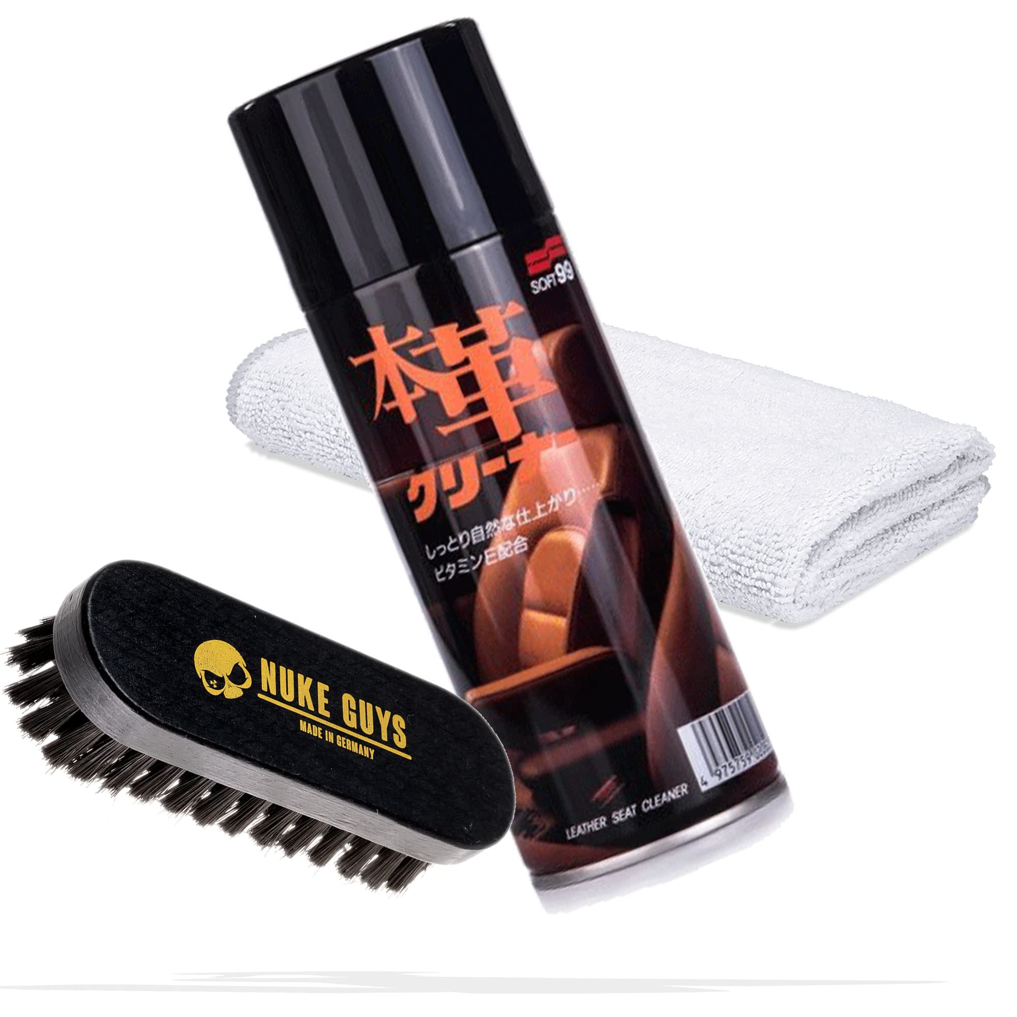 detailmate Set zur Reinigung und Pflege von Leder, Polster & Textilien | Soft99 Lederreiniger 300 ml + Nuke Guys Bürste S + Mikrofasertuch