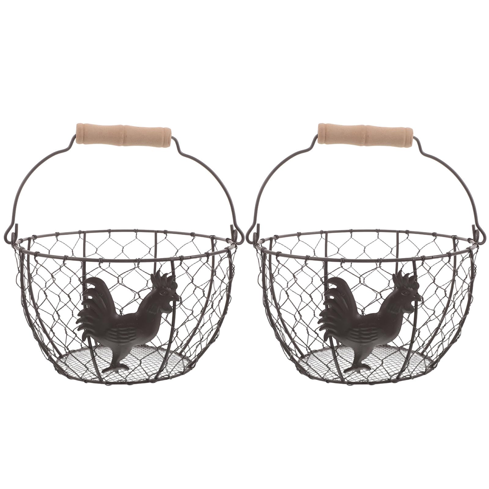 Cesta redonda de metal con asa para huevos: pack de 2 recipientes abiertos estilo granja