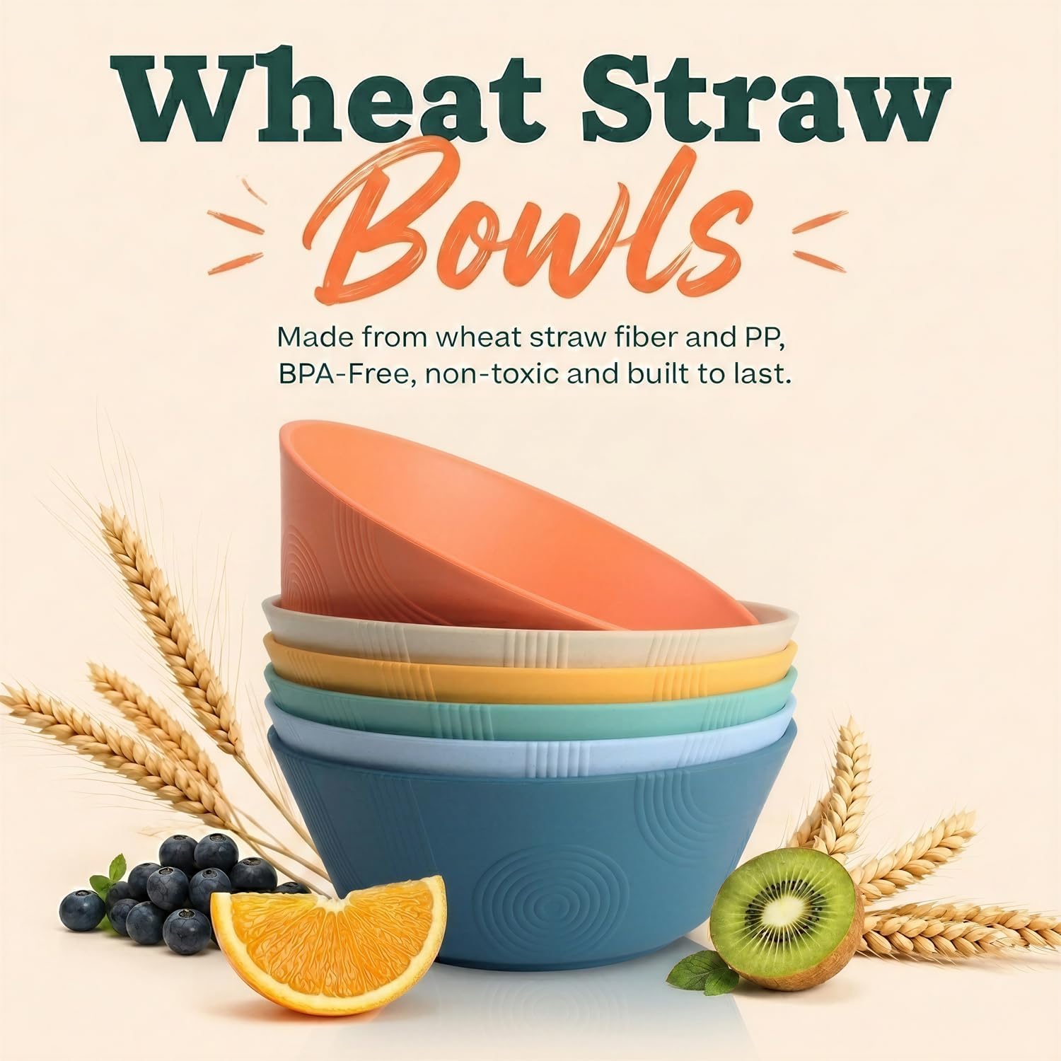36oz Soup Bowls Set of 6, Unbreakable Wheat Straw Bowls - Multi