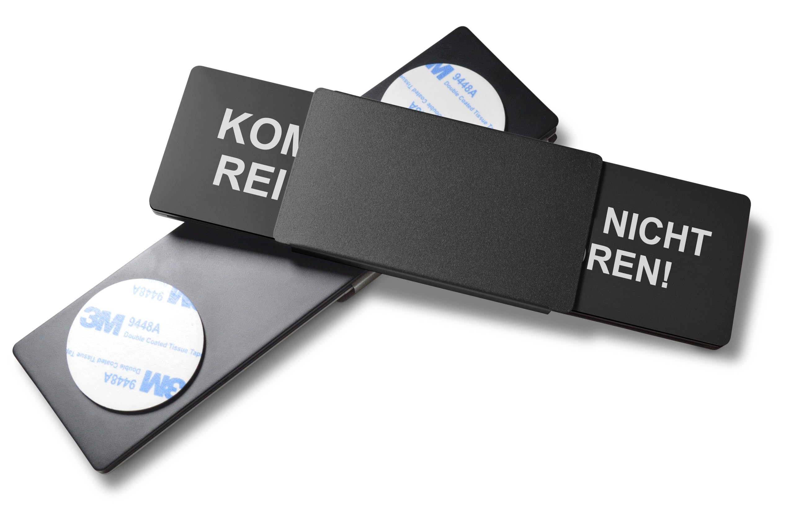 Letrero libre/ocupado estilo: KOMM REIN/POR FAVOR NO ESFUERA (negro) 175 x 50 mm – Diseño fabricado en Alemania – Texto grabado – Cartel sin marco con deslizador de metal – 2 almohadillas adhesivas de