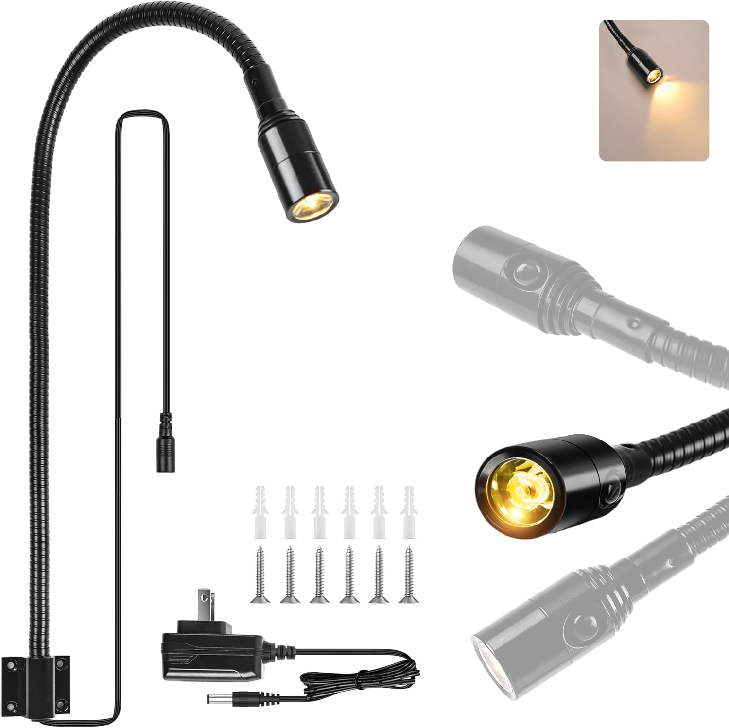 Reading LED Light for Bedside Bedroom Wall Mount Adjustable Gooseneck Black