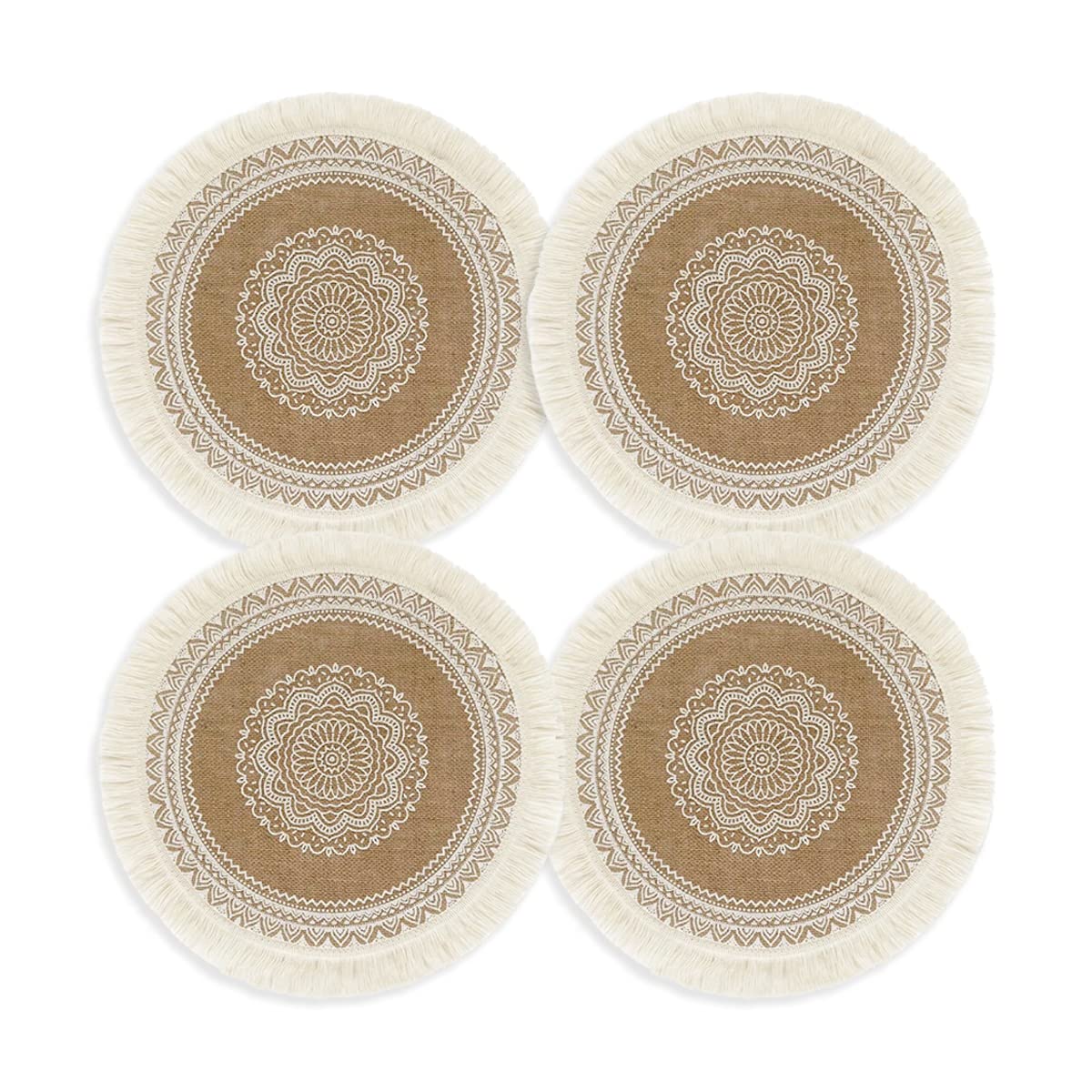 CcHhyyt Set of 4 Boho Woven Round Placemat Handmade Table Mats Woven Jute Tassel Mat Retro Table Decor Fringe Cotton Coffee Mat Waterproof Dining Mat Pompom Home Decor Bohemian Style (White Tassel)