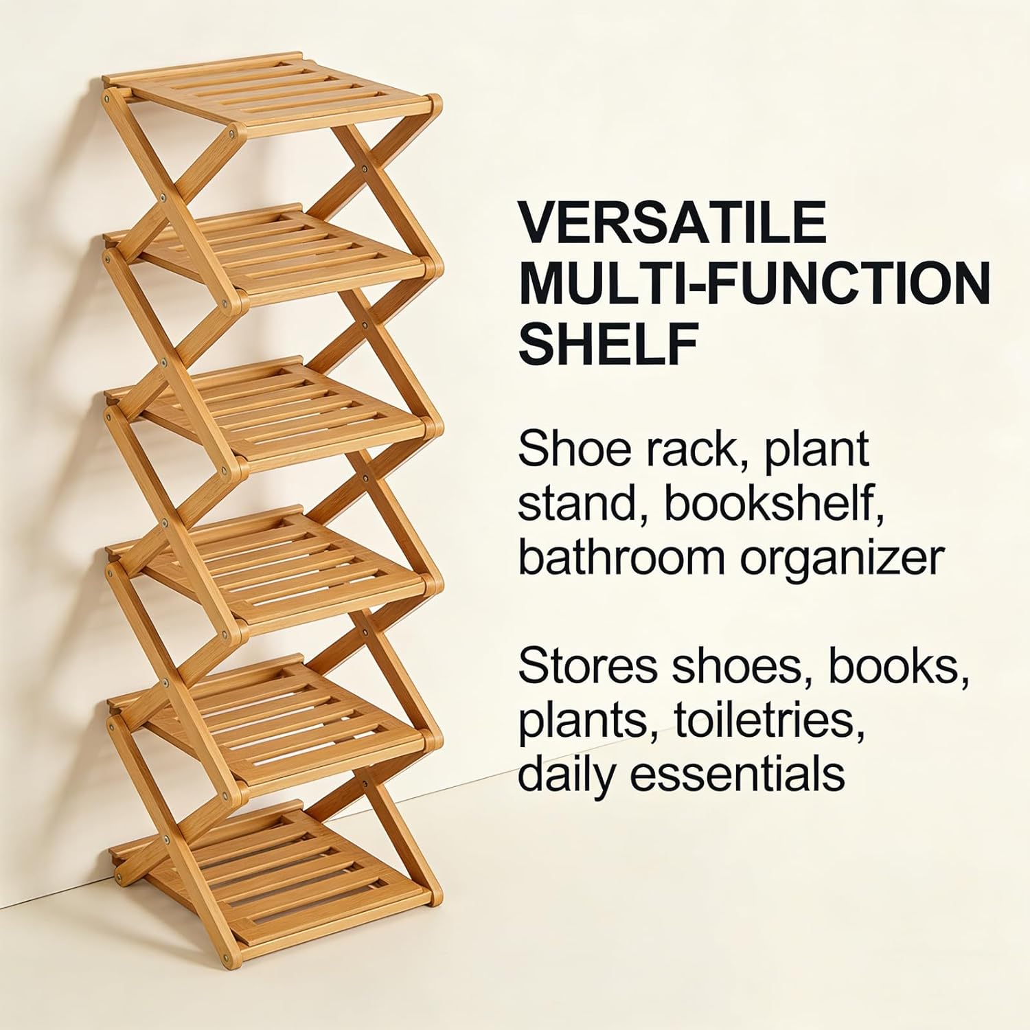 Bamboo Shoe Rack Vertical Foldable Shoe Organizer, Narrow Tall Shoe Shelf for Entryway Closet Corner, Free Standing Wooden Shoe Storage Rack Space Saving Multi Tier Shoe Rack (Brown, 7 Layers)