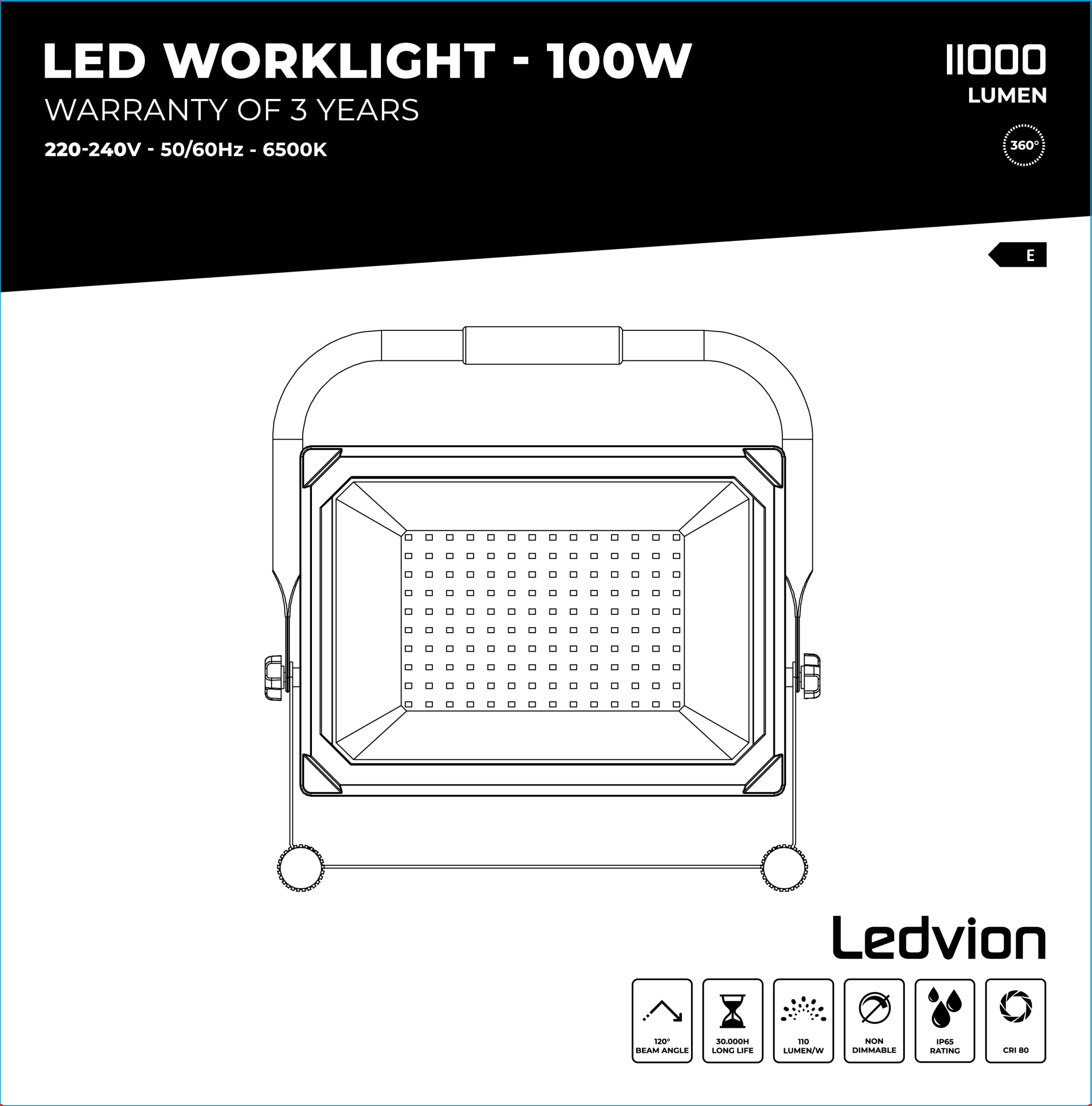 Ledvion LED Baustrahler 100W wasserdicht IP65 6500K 11000lm