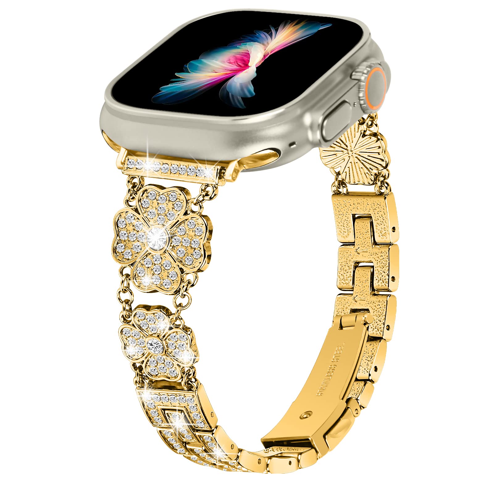 AottomCompatible with Apple Watch Band 38mm 40mm 41mm 42mm 44mm 45mm 49mm, Lucky Four Leaf Clover Bling Rhinestone Stainless Steel Metal Strap for Apple Watch Series 8 Series