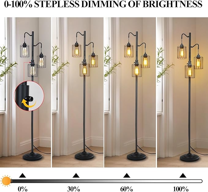 Flarouch Dimmable Floor Lamp, 3 x 800LM LED Edison Bulbs Included, Standing Lamp, Farmhouse Industrial Vintage Corner Tall Tree Floor Lamps for Living Room Bedroom Office, Black photo 2