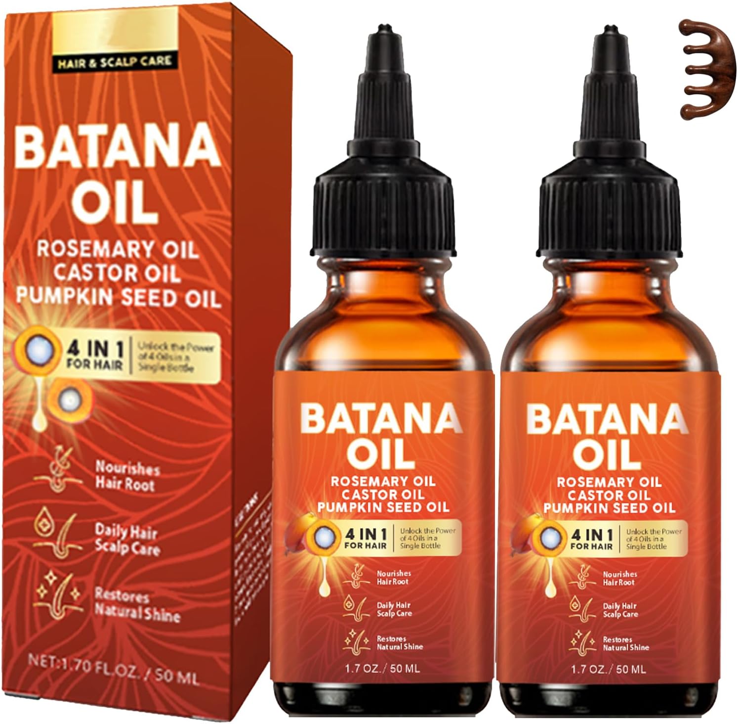 Batana Oil for Hair Growth, 4-in-1 Liquid Batana Oil, With Rosemary Oil Castor Oil Pumpkin Seed Oil, 50ml / 1.69fl Oz (2pcs)