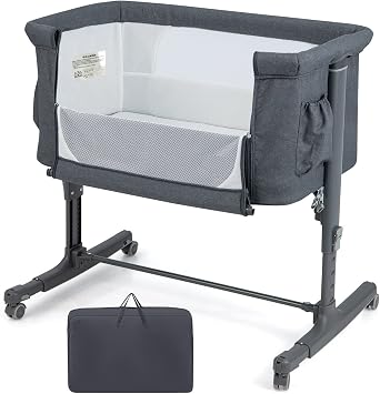 COSTWAY 3-in-1 Baby Bedside Crib, Easy Folding Cot Bed with Mattress, Breathable Mesh Window, Lockable Wheels and Travel Bag, Height Adjustable Newborn Sleeper for Birth to 9kg (Grey)