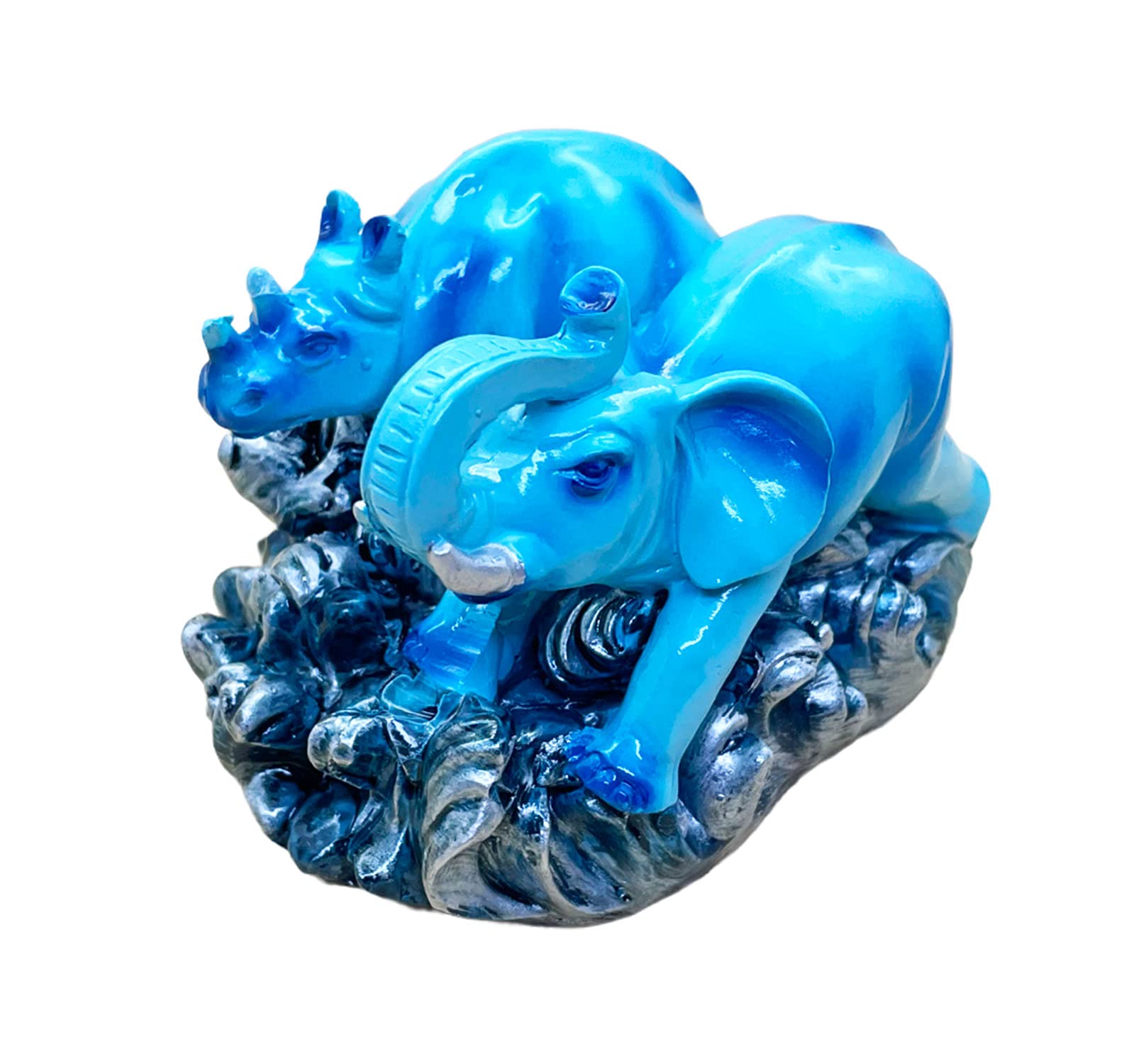 Natchcart Exclusive Fengshui Polyresin Blue Elephant with Trunk Up & Hippo Wealth Good Luck & Fortune. (ES-2587)