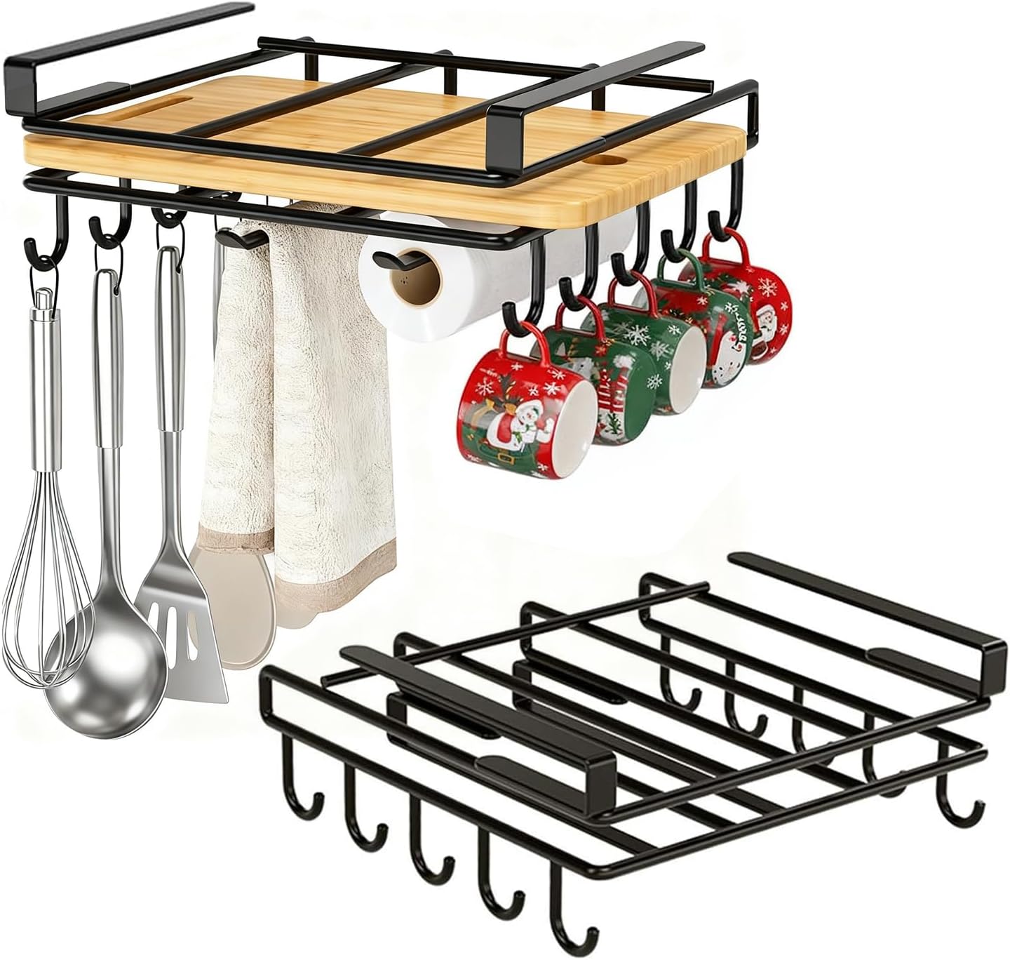 No Drill Mug Holder Under Cabinet, Paper Towel Holder for Cabinet, Chopping Board Organizer, Stainless Steel Storage Shelf for Kitchen Utensils (2)