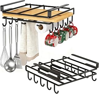 Linwnil No Drill Mug Holder Under Cabinet, Paper Towel Holder for Cabinet, Chopping Board Organizer, Stainless Steel Storage Shelf for Kitchen Utensils (2)