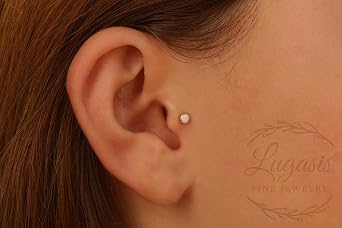 White Opal Gold Tragus Stud Piercing 14k Gold-Filled Wire L Shaped Gemstone Piercing Earring Pin Shiny And Elegant 20 Gauge 3 MM Crystal Ball Body Jewelry Piece