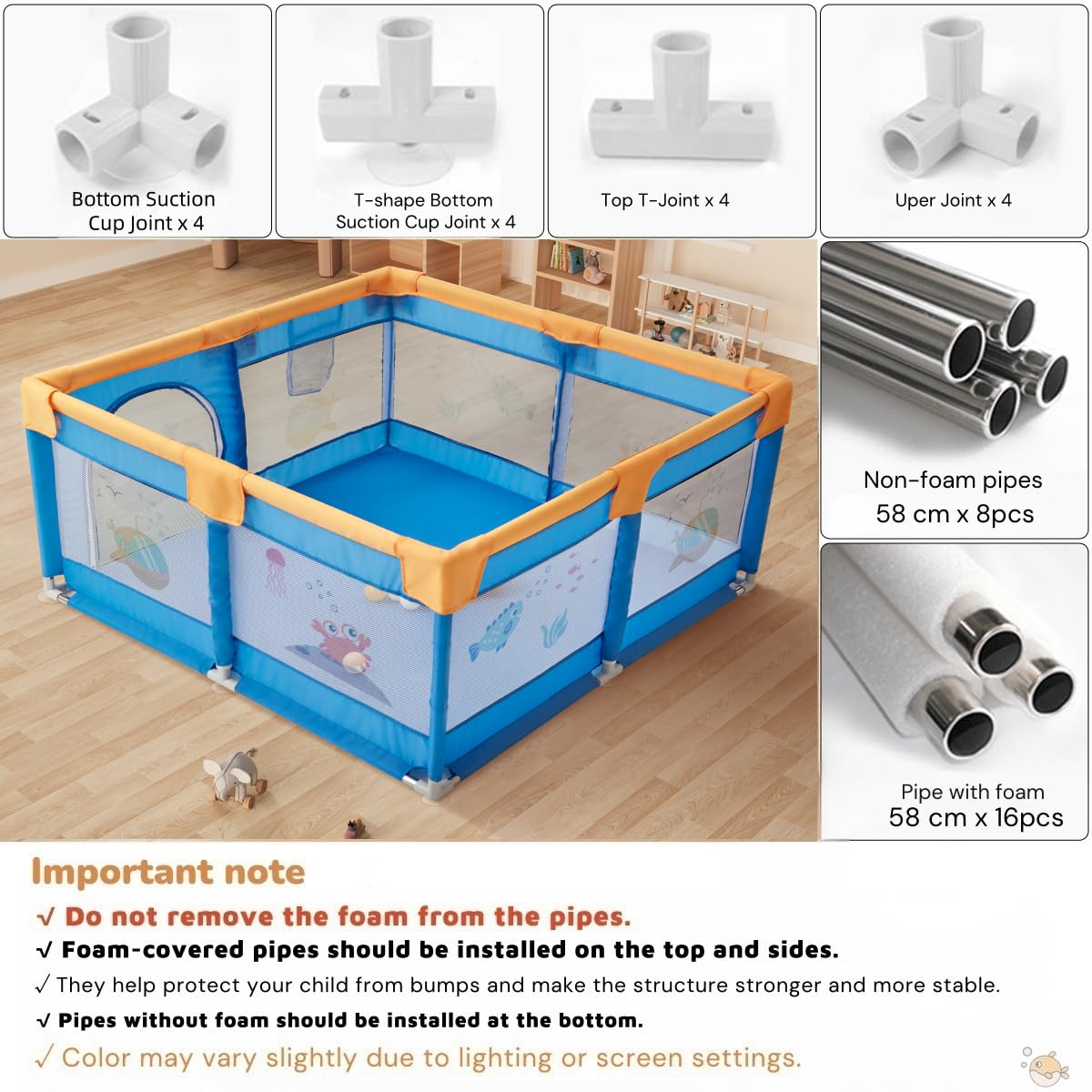 Dawnwake 120x120 cm Playpen for Baby up to 3 Years with Safety Lock & Anti-Fall Grasp Rings, and Suction Cup (Non-Foldable) - Blue 2