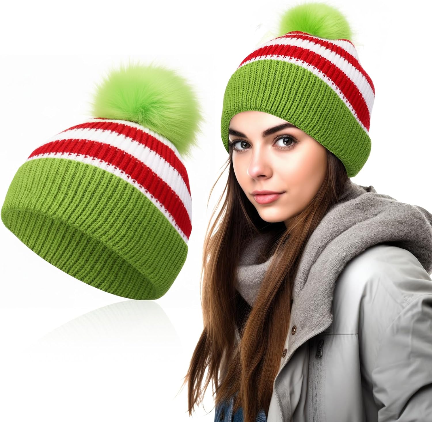 Shihanee Christmas Elf Beanie Hat with Green Furry Pompom White Red Green Striped Knitted Hats for Women Men Santa Costume Winter Accessories Party Supplies