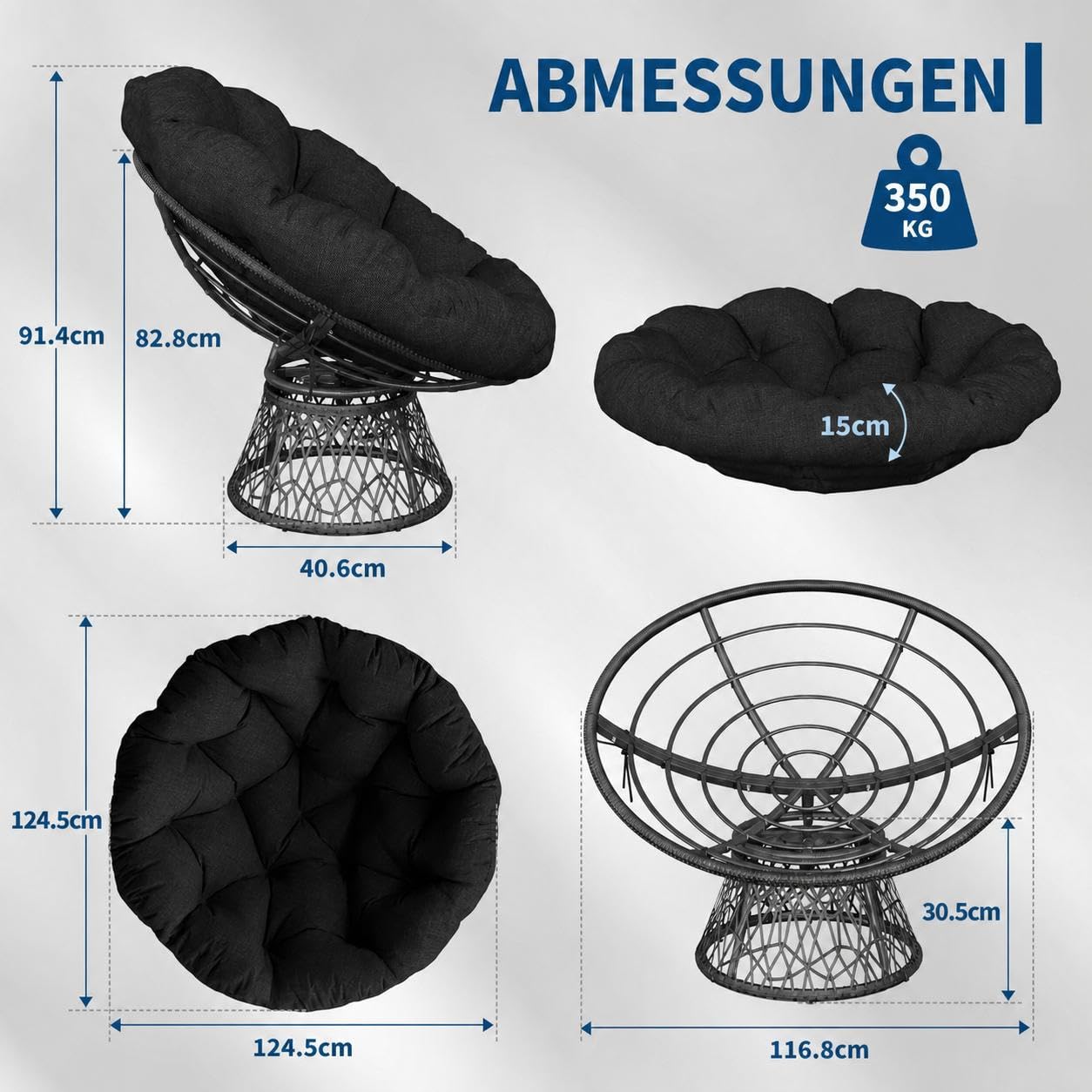 Papasansessel, bequemer Drehsessel, dickes Kissen, ergonomischer Rattansessel, 360° drehbarer Loungesessel, runder Relax Korbsessel, stabiler Stahlrahmen, für Wohnzimmer, Leseecke, Lounge, grau