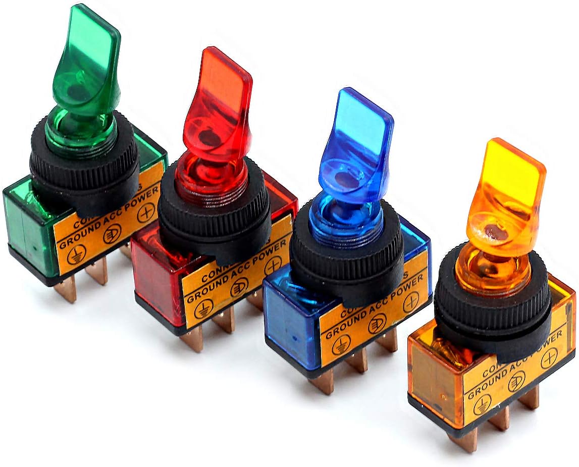 12V DC 20A Two Position ON/Off 3P SPST 0.47" Mount Illuminated Flick Toggle Switch for Car Boat Marine Auto Motorcycle Pack of 4 (Mix Color)