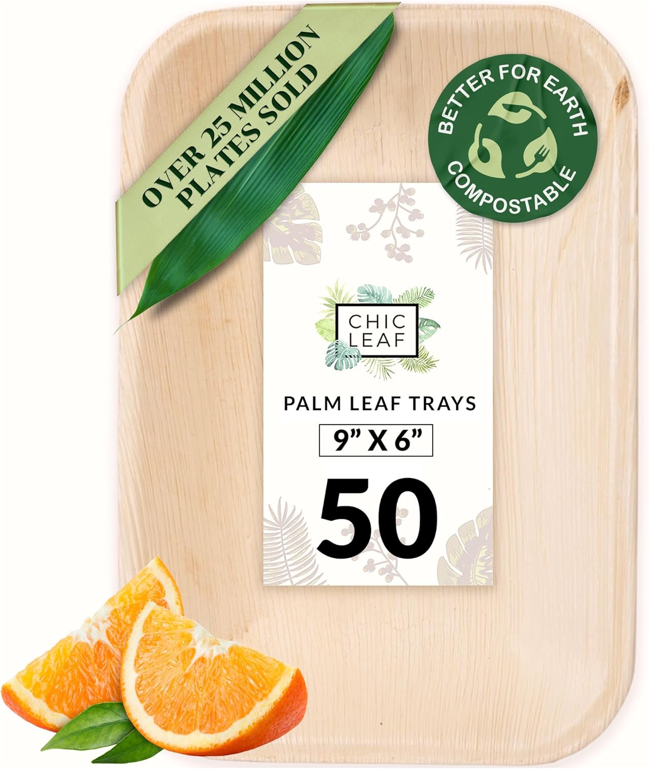 Chic Leaf Rectangle Disposable Bamboo Palm Leaf Plates 9x6 Inch for Weddings, Parties, Events, and Catering - Compostable and Biodegradable (50 Count) 9" x 6" 50 Pack 50