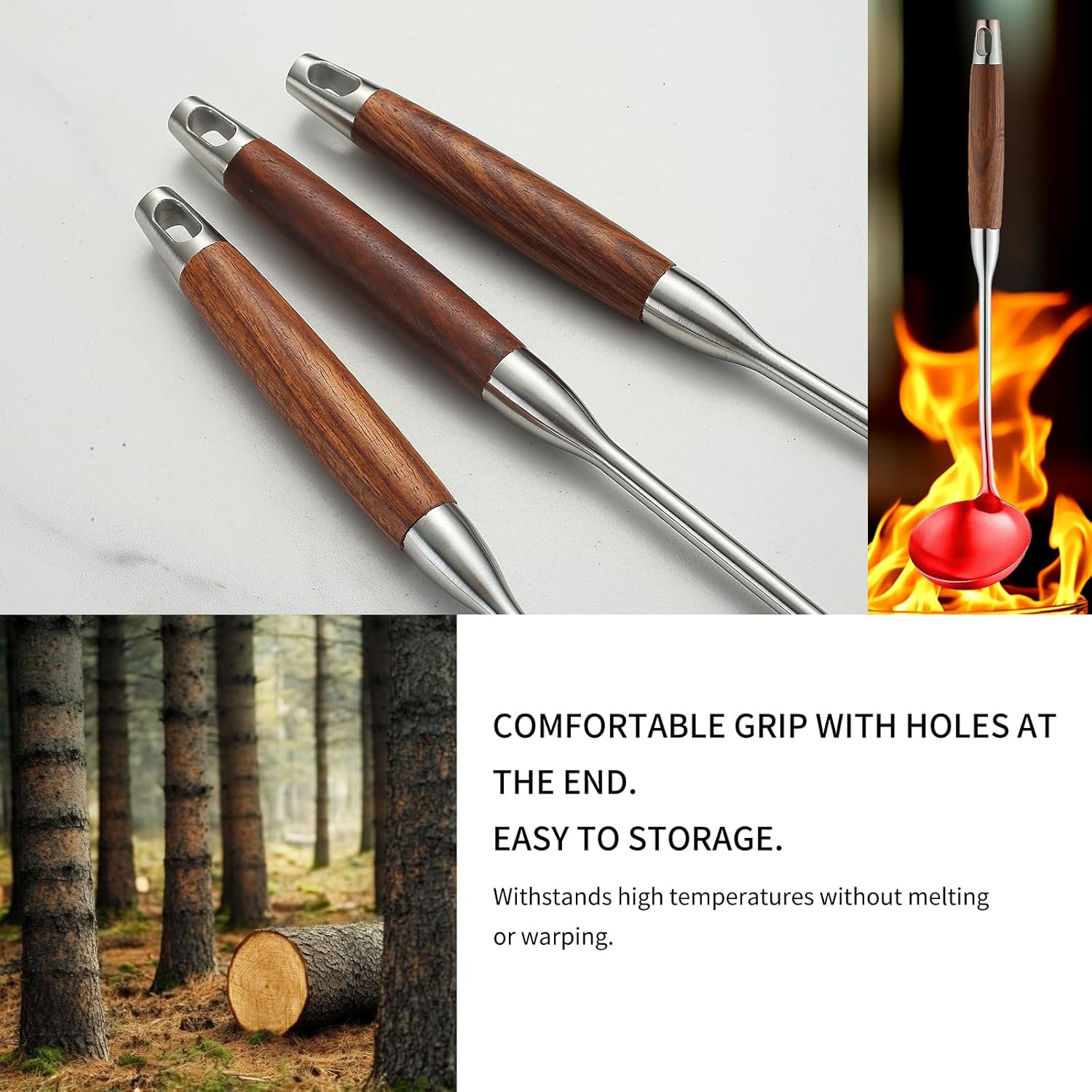 18/10 Stainless Steel Kitchen Utensils Set with Wood Handle Metal Cooking Utensils Set 10 Piece - Spatula, Spoon, Ladle, Skimmer, Slotted Turners, Pasta,Turner, Ladl, Fork