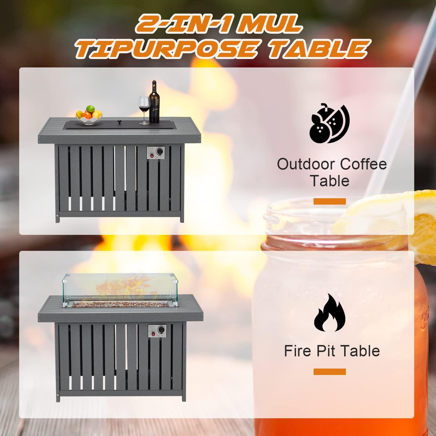 EROMMY Propane Fire Pit Table, 43 Inch HDPE Smokeless Gas Fire Pit with Lid, 50,000 BTU Firepit, Add Warmth and Ambience to Gatherings and Parties, CSA Certification, Grey