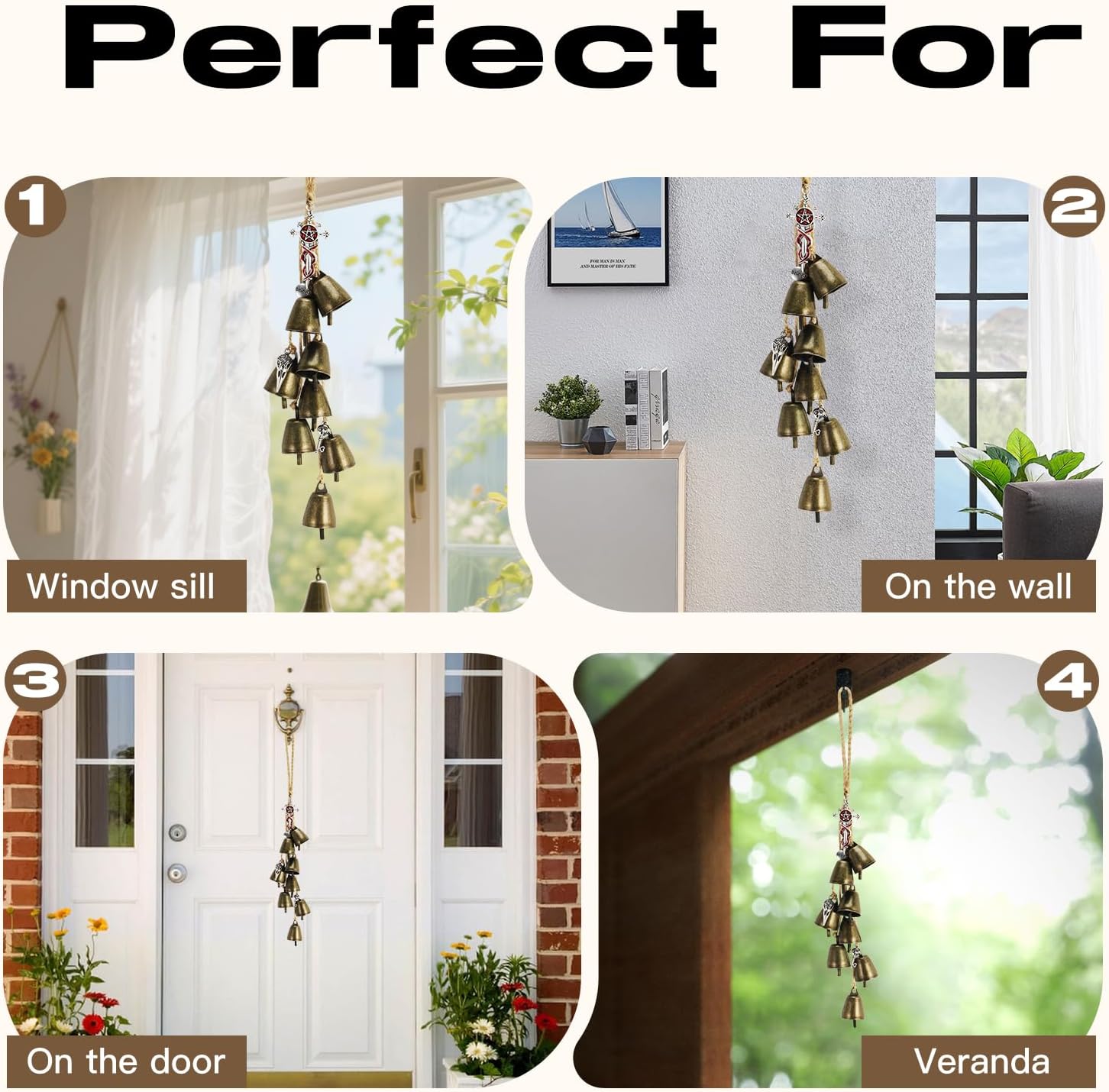 2 Pack Witch Bells Protection Door Knob Hanger Gothic Pentagram Cross&Raven Skull Protection Charm with Antique Brass Bells for Wiccan Home Decor,Witchcraft Altar Supplies