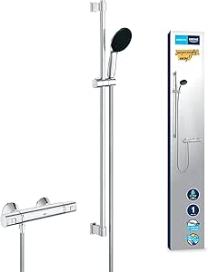GROHE Precision Trend, Duschset mit Thermostat wassersparend, 8l pro Min (Duscharmatur hält Temperatur konstant, Duschkopf 3 Strahlarten, 1,75m Schlauch, Duschstange 60cm, 3in1 Tool), chrom, 34854001